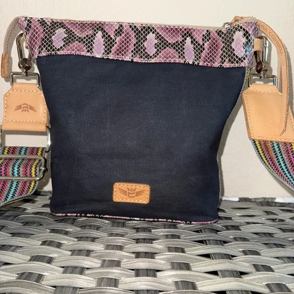 Consuela Crossbody Bag – Pink Python Print & Black Canvas with Rainbow Strap - Picture 10 of 17